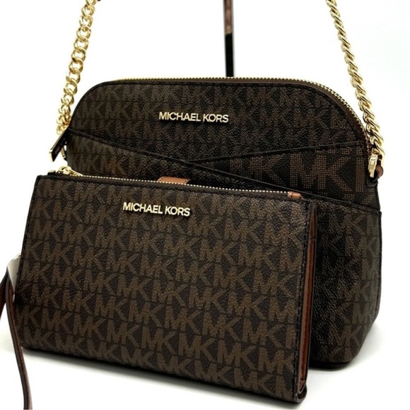 Michael Kors Jet Set Travel MD Logo Dome Crossbody Bag & Matching Wallet Brown - Picture 3 of 13